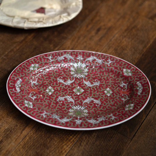 朱赤のオーバル皿26センチ 景徳鎮