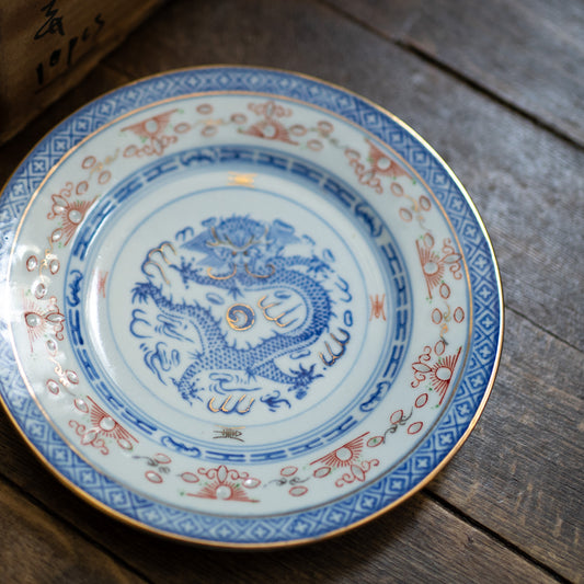 『丸皿18センチ-dragon』景徳鎮ホタル金彩